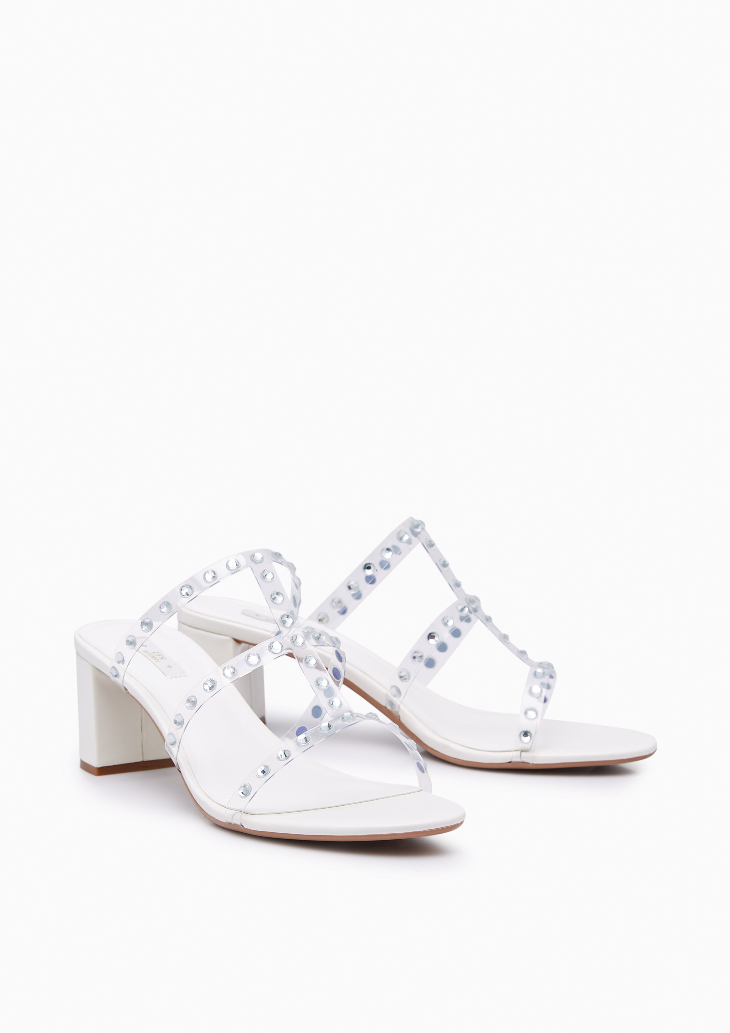 Linda Crystal Low Heel Sandals White - Lyn TH