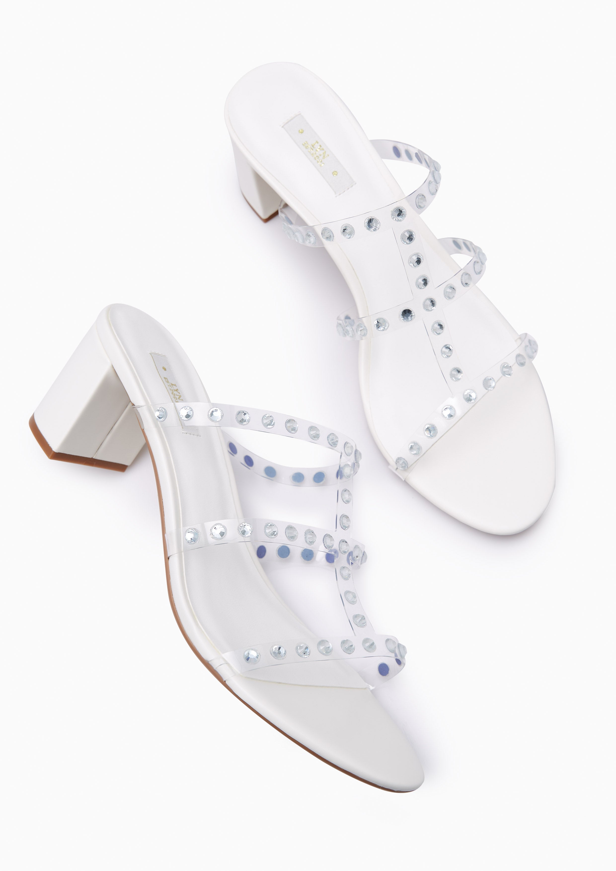 Linda Crystal Low Heel Sandals White - Lyn TH