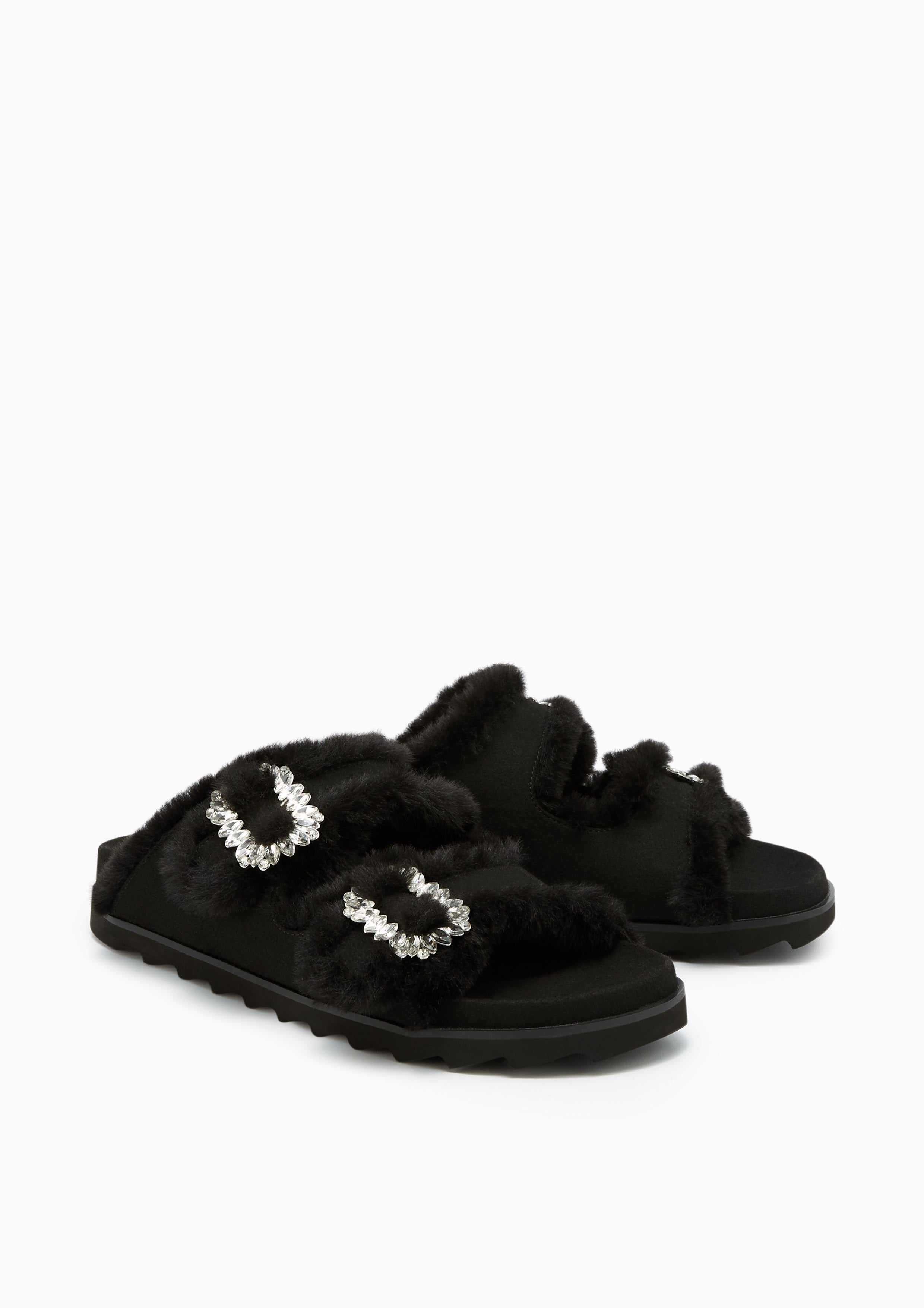 Veeni Furry Flat Sandals Black