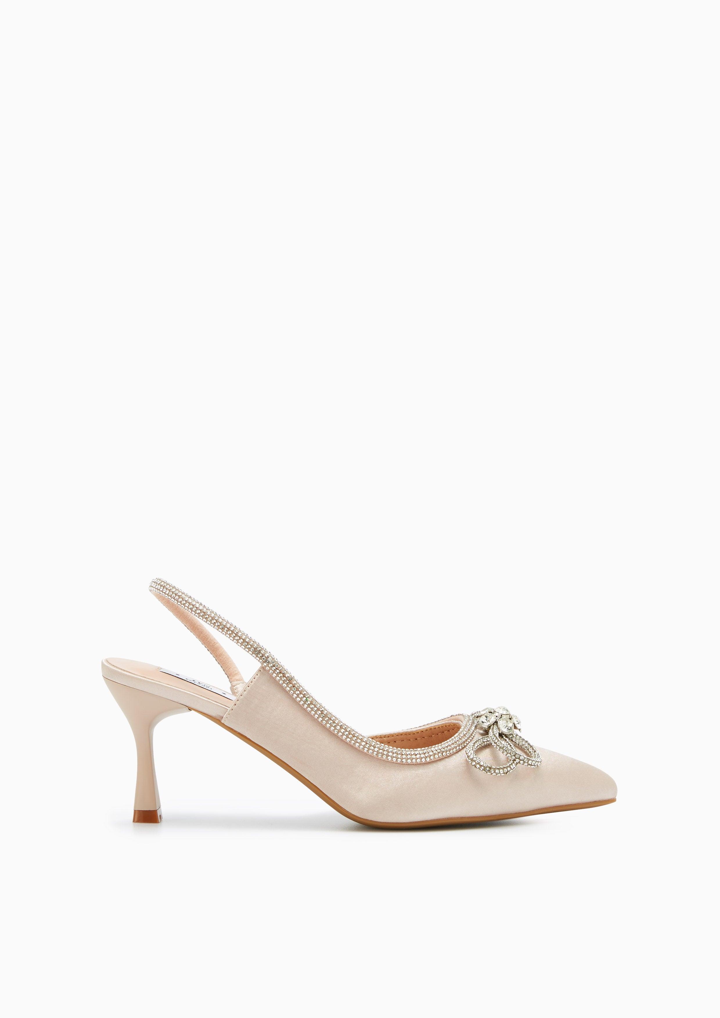 Bow Knot Satin Mid Heel Slingbacks Beige