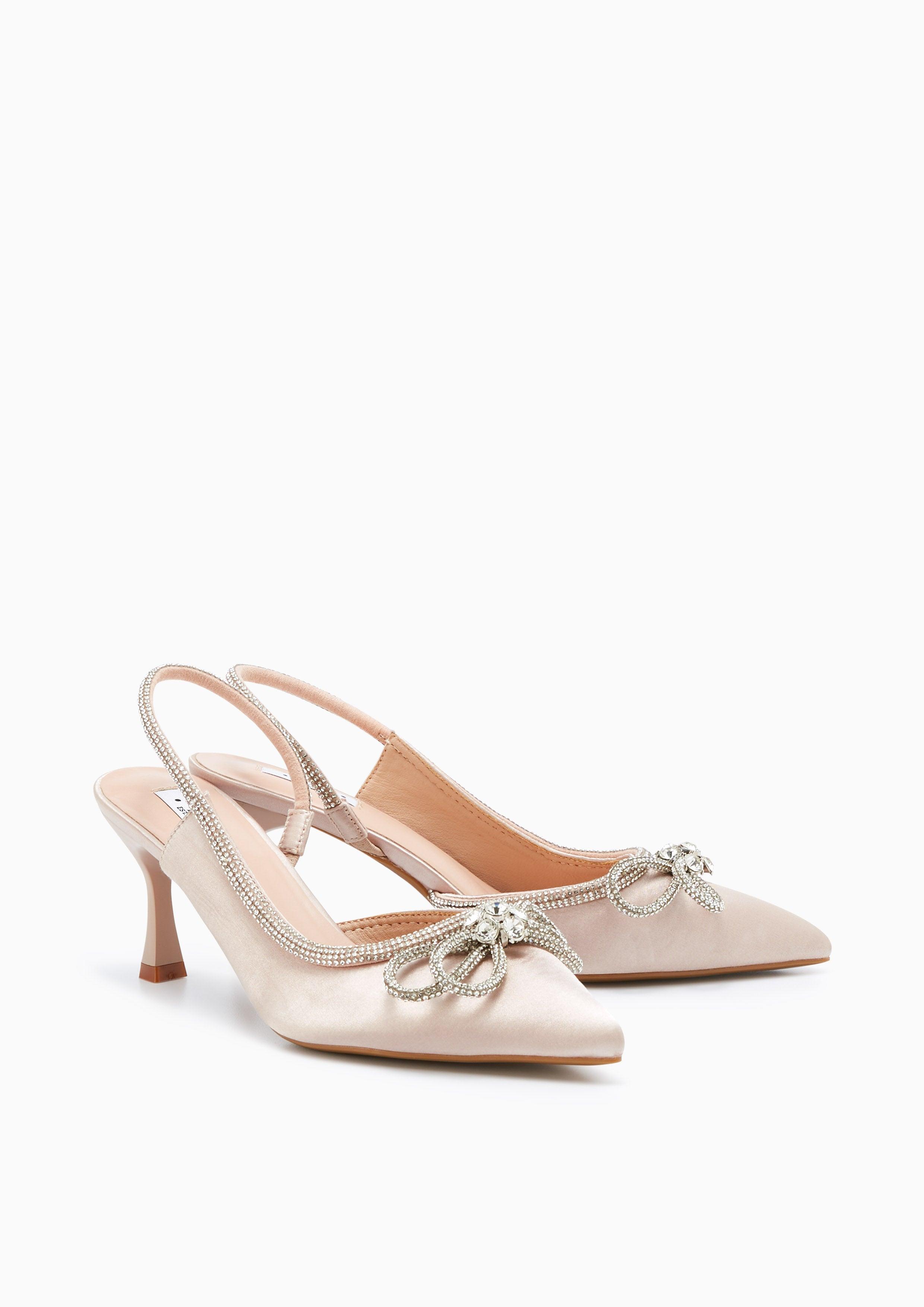 Bow Knot Satin Mid Heel Slingbacks Beige